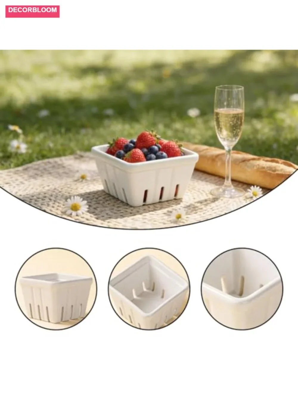Set of 2 Ceramic Berry Baskets with Draining Holes - Fruit Bowl for Kitchen